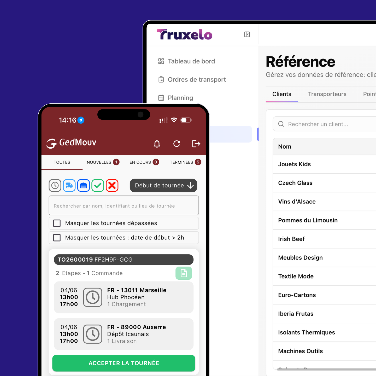 Application chauffeur propulsée par Drivers by B2P reliée au cockpit Truxelo
